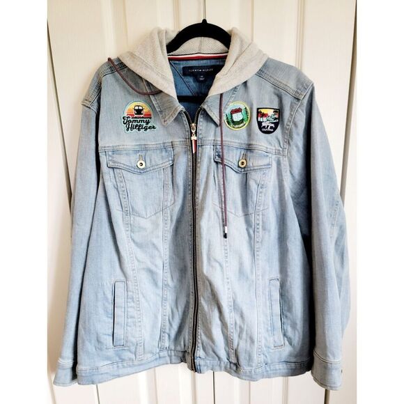 Tommy Hilfiger 2X Hoodie Women Full Zip Denim Jacket Patches Acid Wash - Picture 1 of 13